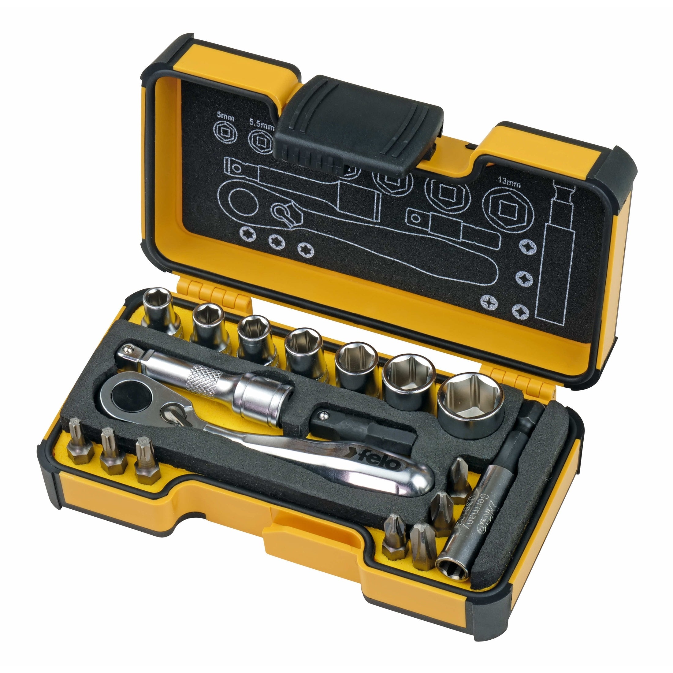 Felo 05771806 XS 18pc Box Sockets, Bits, Mini Ratchet, Bitholder, Metric-Liger Tools