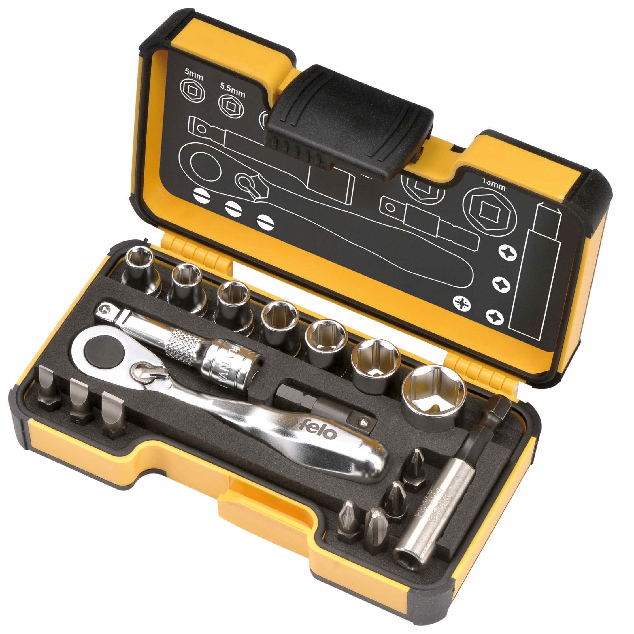 Felo 05771856 XS 18pc Box Sockets, Bits, Mini Ratchet, Bitholder, INCH-Liger Tools