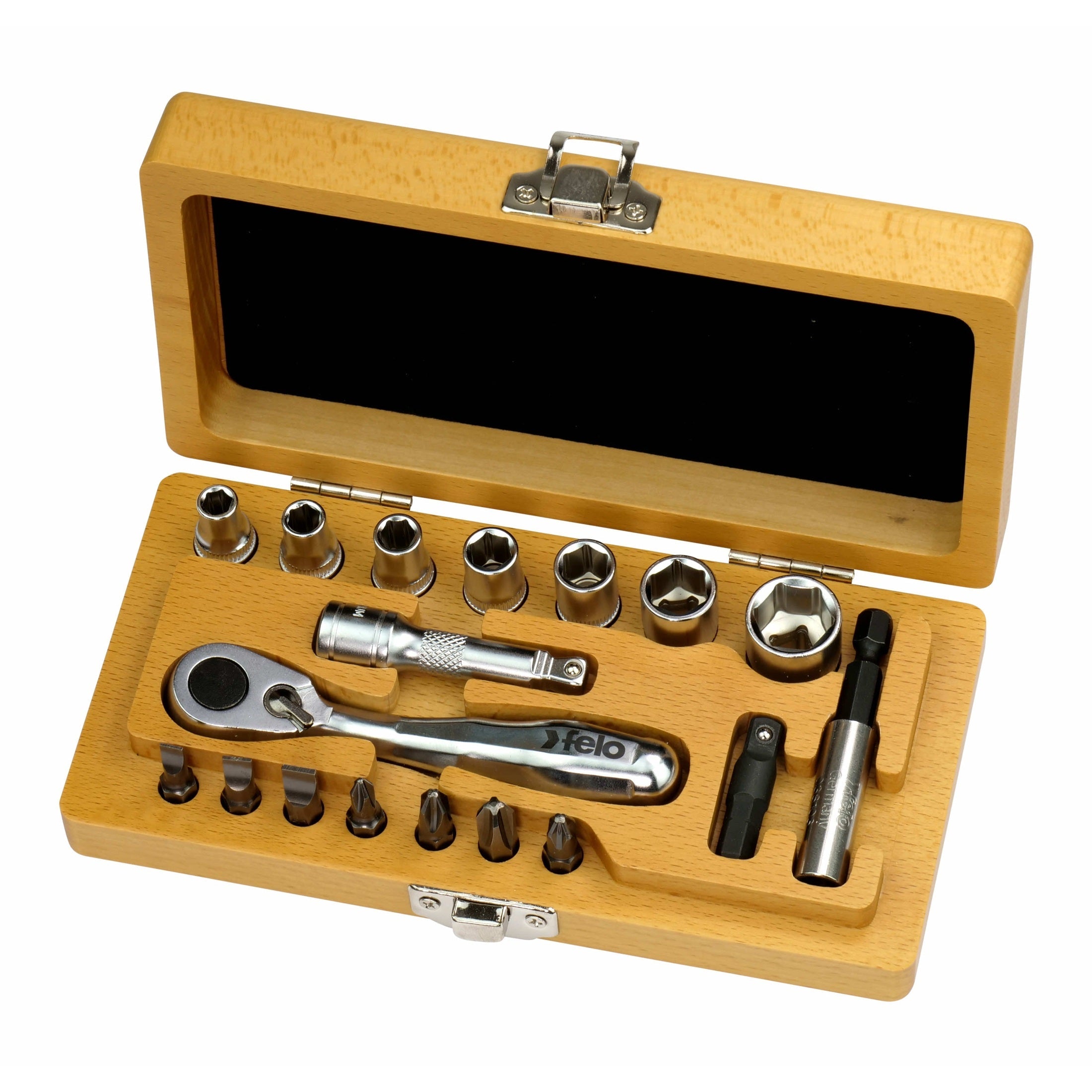 Felo 05771866 - XS Classic Socket & Bit Set with Ratchet & Wood Case - Metric-Liger Tools