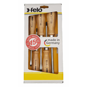 Felo 33595298 Wood Handle Slotted & Pozidriv Screwdriver Set, 5 Pieces