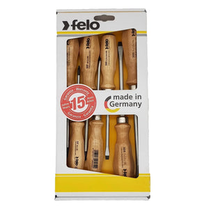 Felo 33597198 Wood Handle Slotted, Phillips and Pozidriv Screwdriver Set, 7 Pieces