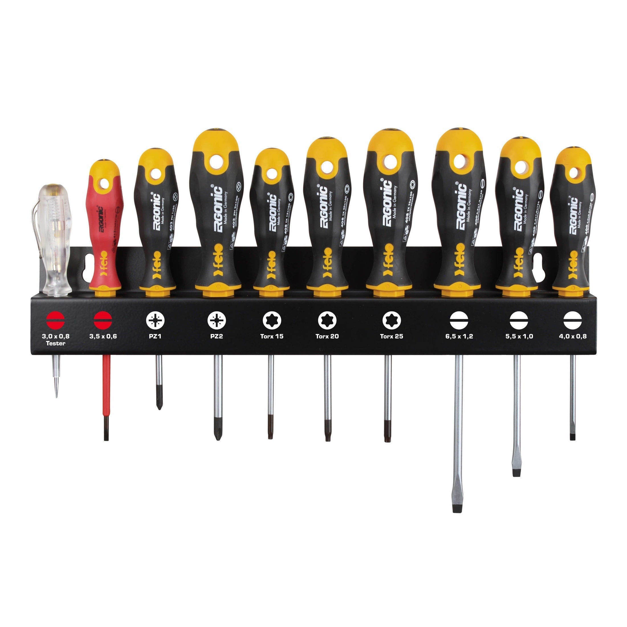 Felo 40091043 Set of screwdrivers SL/PZ/Tx Ergonic, VDE screwdriver and network tester screwdriver on a steel stand, 10 pcs-Liger Tools