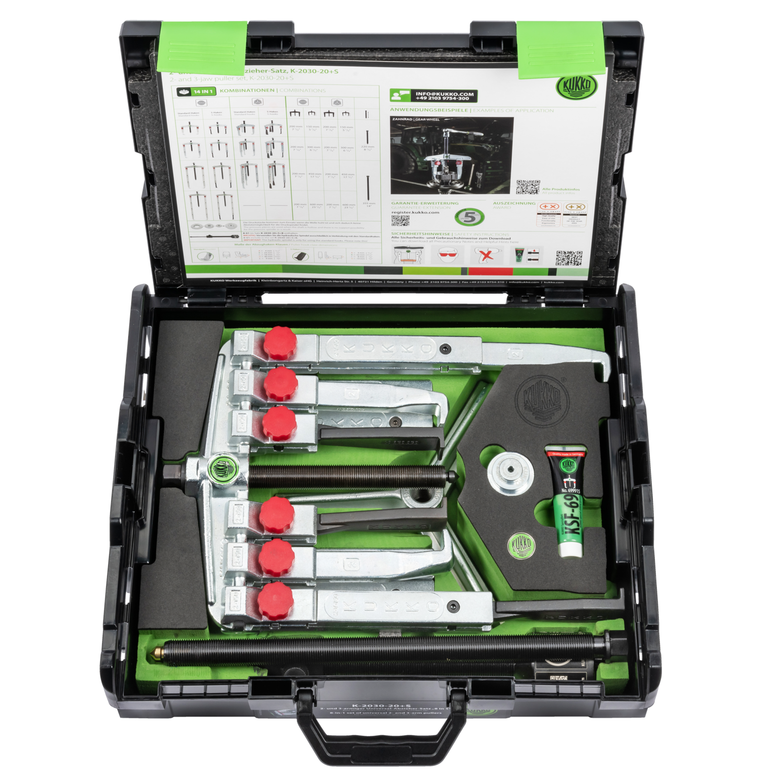 Kukko K-2030-20+S | 15-piece universal puller set (2-jaw and 3-jaw) with two different puller jaw types-Liger Tools