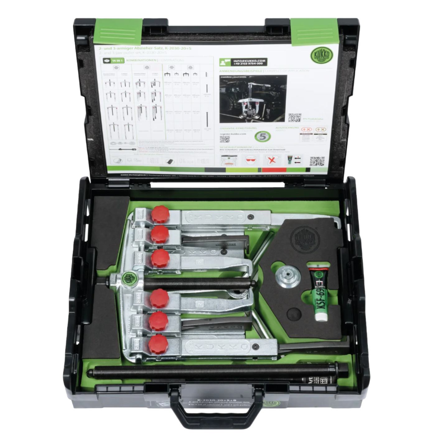 Kukko K-2030-20+S+B | 16-Piece Universal Puller Set (2-Jaw & 3-Jaw) With Two Different Types of Puller Jaws and Hydraulic Spindle-Liger Tools
