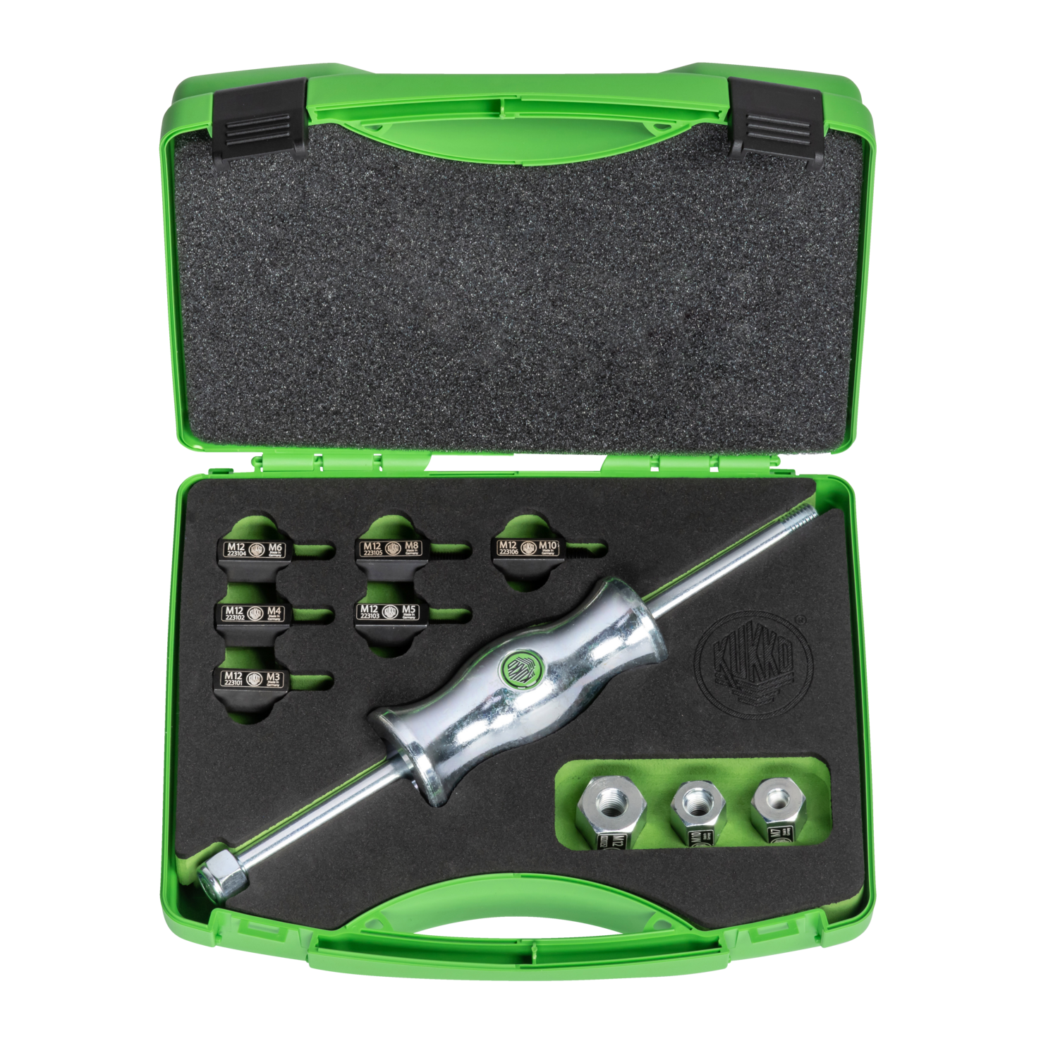 Kukko KS-22-01 | 10-piece sliding hammer set in set with thread adapters in various sizes-Liger Tools