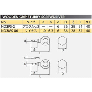 Nepros ND3PS-2 Wooden Stubby Screwdriver, Phillips, #2