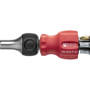 PB Swiss PB 8453.R-30 - Stubby Ratchet, Ratchet Handle, Integrated Bit Magazine, 6 Precision Bits C6