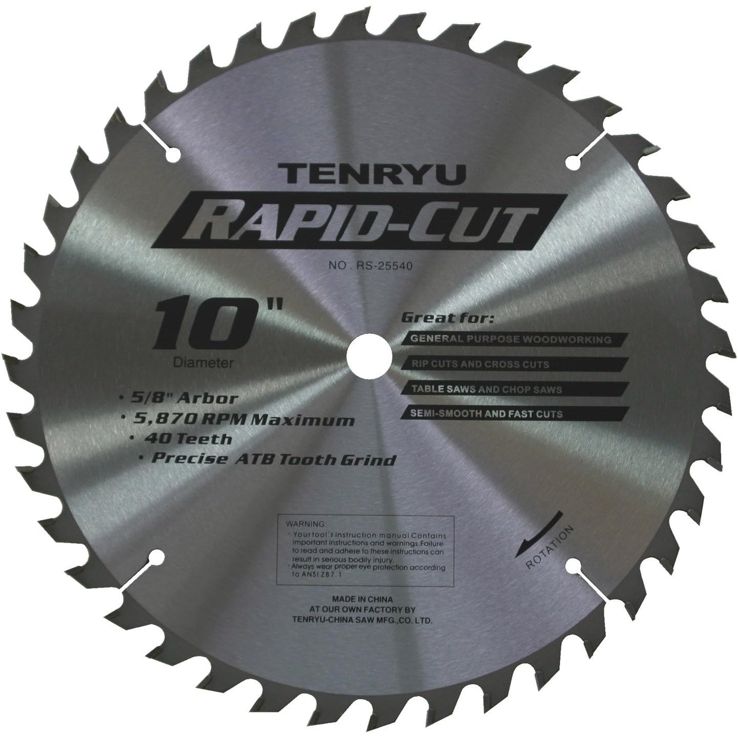 Tenryu RS-25540 Rapid-Cut 10" X 40T 5/8" Arbor - Economically priced general purpose Table Saw Blade-Liger Tools
