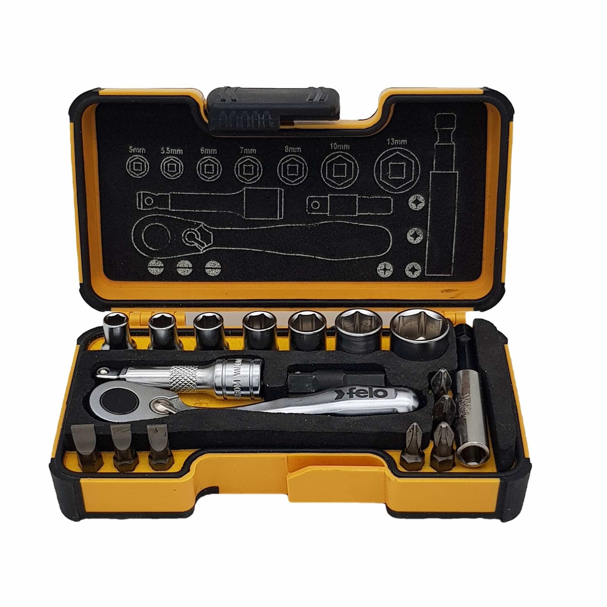 Felo 05771806 XS 18pc Box Sockets, Bits, Mini Ratchet, Bitholder, Metric-Liger Tools