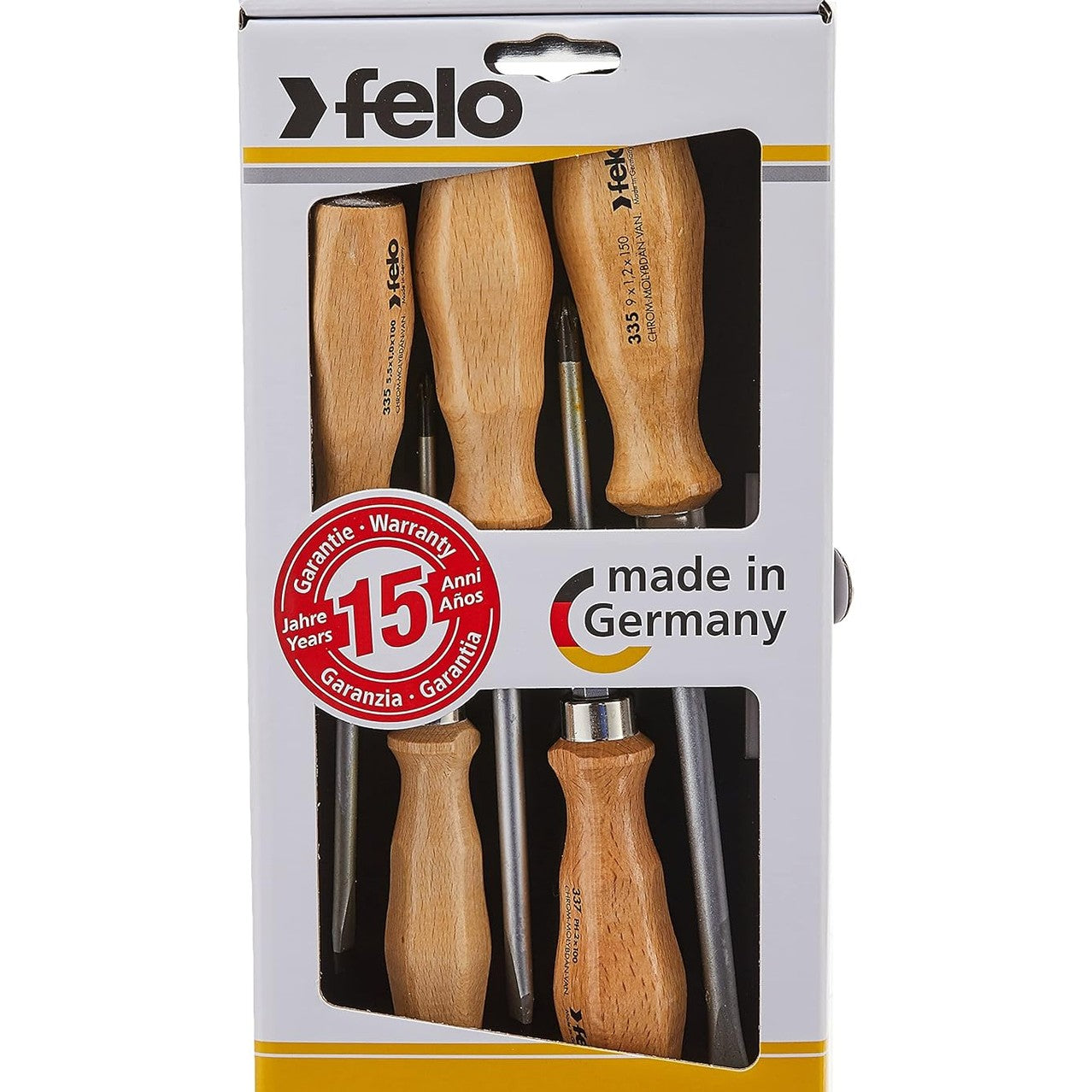 Felo 33595198 Wood Handle Slotted & Phillips Screwdriver Set, 5 Pieces