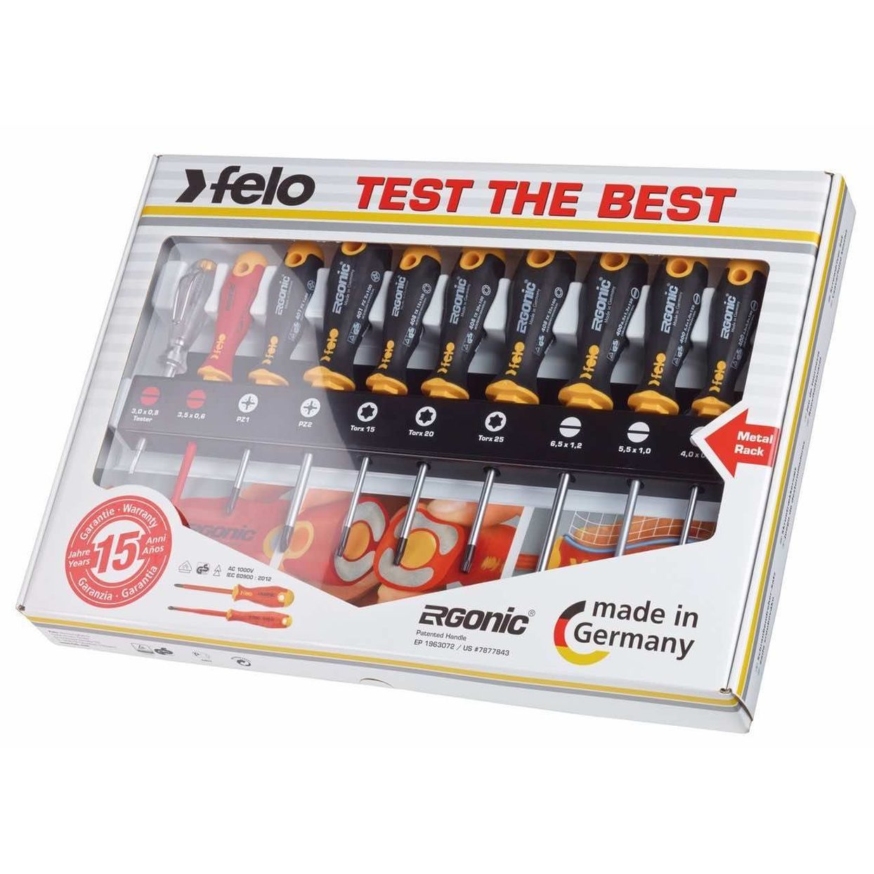 Felo 40091043 Set of screwdrivers SL/PZ/Tx Ergonic, VDE screwdriver and network tester screwdriver on a steel stand, 10 pcs-Liger Tools