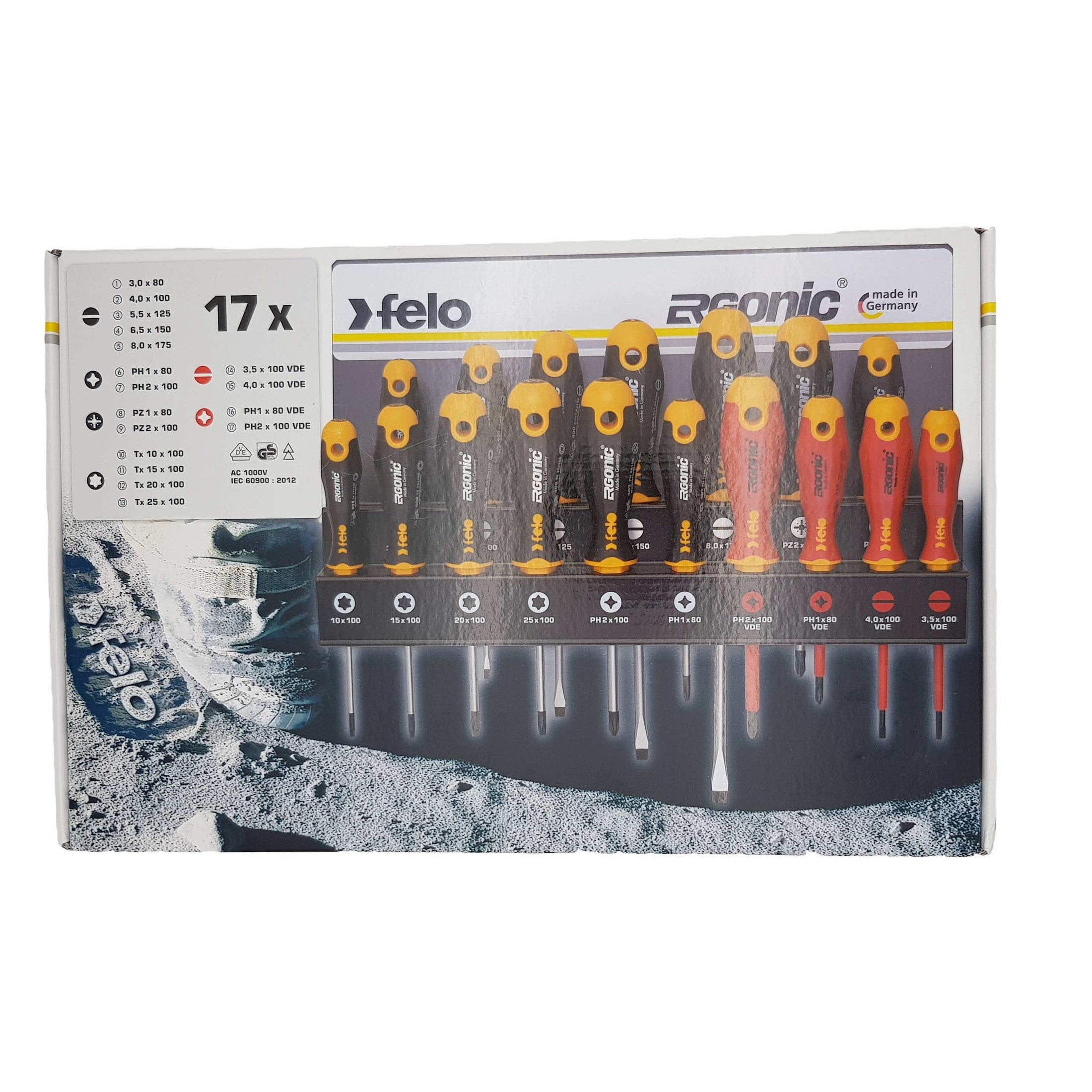 Felo 40091743 Set of SL/PZ/PH/Tx Ergonic and VDE screwdrivers on a steel stand, 17 pcs