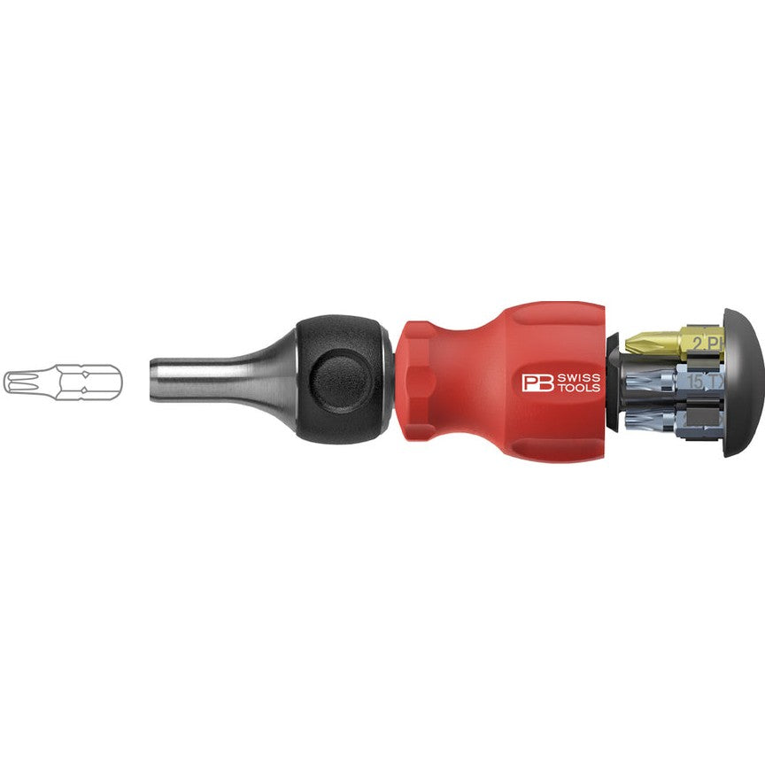 PB Swiss PB 8453.R-30 - Stubby Ratchet, Ratchet Handle, Integrated Bit Magazine, 6 Precision Bits C6-Liger Tools